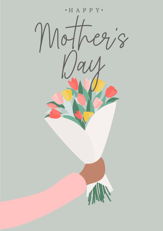 Happy Mother's day greeting card with hand holding a bouquet of beautiful tulips. Cartoon flat style design template for Women's day, Birthday or wedding. Spring vector illustrationのイラスト素材
