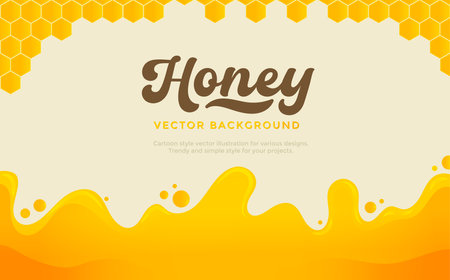 Dripping honey background. Cartoon liquid honey. Golden yellow honey syrup with honeycomb, drops and splashes. Flat style Vector illustrationのイラスト素材