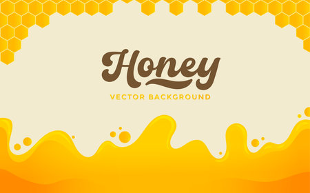 Dripping honey background. Cartoon liquid honey. Golden yellow honey syrup with honeycomb, drops and splashes. Flat style Vector illustrationのイラスト素材