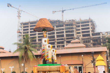 KOLKATA, WEST BENGAL , INDIA - NOVEMBER 23RD 2014 : Table lamp, Cane furniture, handicrafts on display during the Handicraft Fair in Kolkata - the biggest handicrafts fair in Asia.のeditorial素材