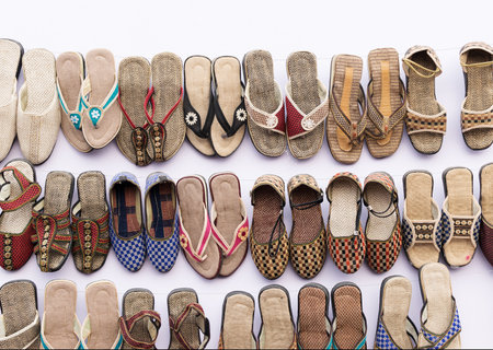 KOLKATA, WEST BENGAL , INDIA - DECEMBER 12TH 2014 : Handmade jute shoes on display, handicrafts show during Handicraft Fair in Kolkata - the biggest handicrafts fair in Asia.のeditorial素材