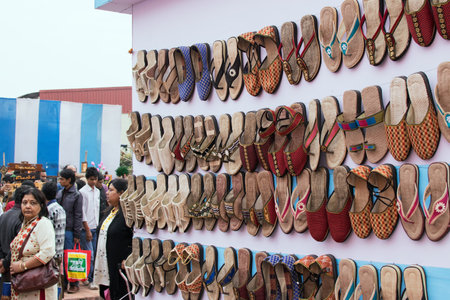 KOLKATA, WEST BENGAL , INDIA - DECEMBER 12TH 2014 : Handmade jute shoes on display, handicrafts show during Handicraft Fair in Kolkata - the biggest handicrafts fair in Asia.のeditorial素材
