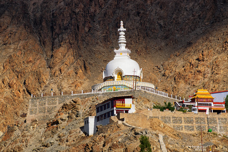 Shanti Stupa with view of Himalayan mountain in the background ,Ladakh,Jammu and Kashmir, Indiaの写真素材