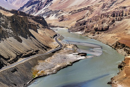 Indus river flowing through rocks of Ladakh Jammu and Kashmir Ladakh Indiaの写真素材