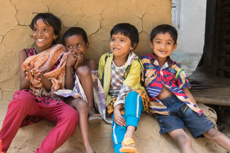 PINGLA, WEST BENGAL , INDIA - NOVEMBER 16TH 2014 : Unidentified Indian children smikling and laughing at Pingla village, West Bengal, India.のeditorial素材