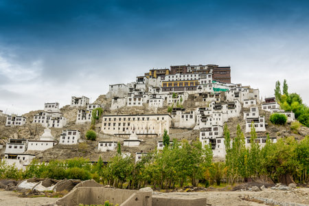 Thiksay monastery with view of Himalayan mountians and blue sky in the background - it is a famous Buddhist temple in,Leh, Ladakh, Jammu and Kashmir, India.のeditorial素材