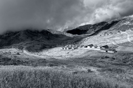 Top view of Kupup Valley, at about 13000 feet high from sea level, Sikkim, India with beautiful Himalayan mountain range in the background. Black and white imageの写真素材