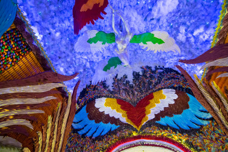 KOLKATA , INDIA - OCTOBER 18, 2015 : Night image of decorated Durga Puja pandal, shot at colored light, at Kolkata, West Bengal, India. Durga Puja is biggest religious festival of Hinduism.のeditorial素材