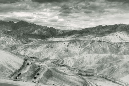 Aerial view of Zigzag road - famously known as jilabi road at old route of Leh Srinagar Highway, Ladakh, Jammu and Kashmir, India. Filtered image,の写真素材