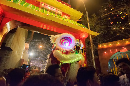 KOLKATA, WEST BENGAL , INDIA - FEBRUARY 7TH 2016: Celebration of Chinese new year at China Town , Kolkata with Chinese red dragon . It is the year of the monkey as per chinese calender.のeditorial素材