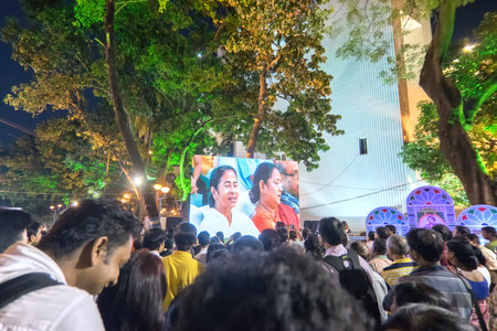 KOLKATA, WEST BENGAL , INDIA - 9TH MAY 2017 : Chief Minister of West Bengal, Ms. Mamata Banerjee, smiling to the audience from screen at Rabindra Jayanti celebration (birthday of Late Poet Rabindranath Tagore).のeditorial素材