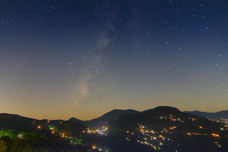 Sky at dusk at Rinchenpong, sikkim , India. With Rinchenpong city at the foreground, the evening dusk sky is lit with remaining light coming from behind Himalayan Mountains, India.の写真素材
