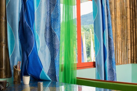 Colourful window curtains, made of textile - Sikkim , Indiaの写真素材