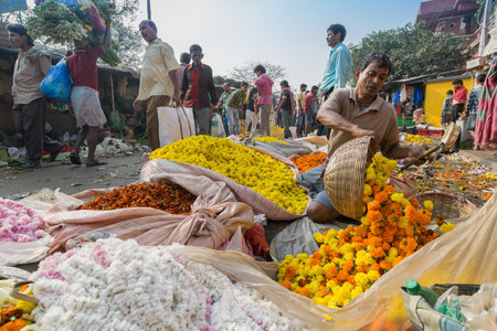 KOLKATA, WEST BENGAL / INDIA - FEBRUARY 13TH : Buying and selling of flowers in crowded and colorful...