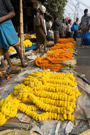 KOLKATA, WEST BENGAL / INDIA - FEBRUARY 13TH, 2016 : Buying and selling of flowers in crowded and colorful Mallik Ghat or Jagannath ghat flower market in Kolkata. Biggest flower market in Asia.のeditorial素材