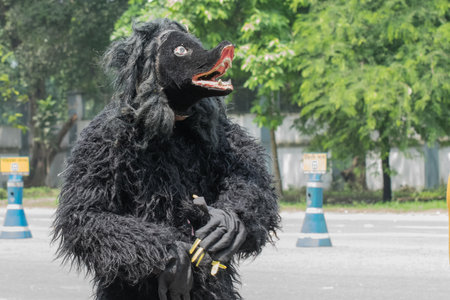 KOLKATA, WEST BENGAL / INDIA - AUGUST 15TH, 2016 : Folk dancer dressed as a bear, walking in India's Independence day rally. The day in celebrtated all over India with joy and enthusiasm.のeditorial素材