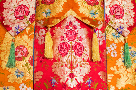 Buddhist thangka - a Tibetan Buddhist painting on cotton, or silk applique - in a monastery in Ralong, Sikkim, Indiaの写真素材