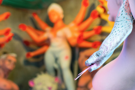 KOLKATA, WEST BENGAL, INDIA - 25 SEPTEMBER 2016: Clay idol of Goddess Durga, under preparation forのeditorial素材