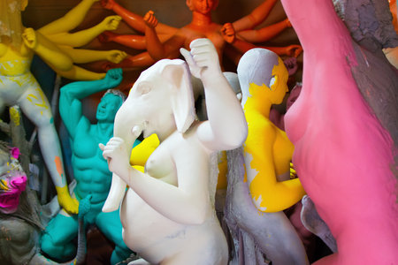 KOLKATA, WEST BENGAL, INDIA - 25 SEPTEMBER 2016 : Beautiful fresh painted clay idol of Lord Ganesha , at Kumartuli, as preparation for "Durga Puja' festival in Kumartuli, Kolkata, capital of West Bengal, India. It is the biggest festival of Hinduism.のeditorial素材
