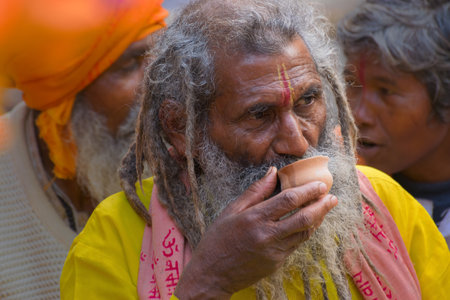 BABUGHAT, KOLKATA, WEST BENGAL / INDIA - 10TH JANUARY 2015 : Portrait of Hindu Sadhu with white...
