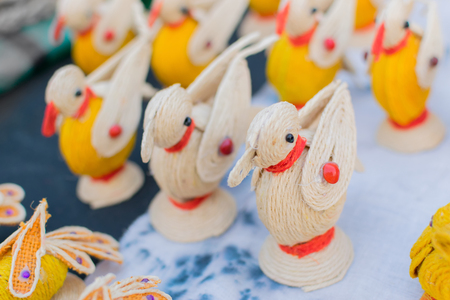 Colourful Bird dolls made of jute, artworks of handicraft, at Handicraft Fair in Kolkata - the biggest handicrafts fair in Asia.の写真素材