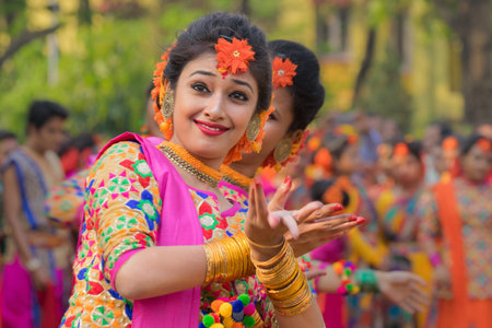 KOLKATA , INDIA - MARCH 12, 2017: Young girl dancers , dressed in yellow and red coloured sari (traditional Indian dress) dancing at Spring festival, ie, Dol (in Bengali) or Holi (in Hindi).のeditorial素材