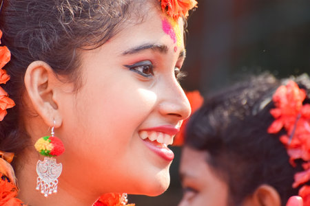 KOLKATA , INDIA - MARCH 12, 2017: Portrait of girl dancer, dressed in sari (traditional Indian...