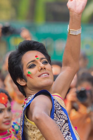 KOLKATA , INDIA - MARCH 12, 2017: Young girl dancers , dressed in sari (traditional Indian dress)dancing at Spring festival, ie, Dol (in Bengali) or Holi (in Hindi) celebrating arrival of Spring in India.のeditorial素材