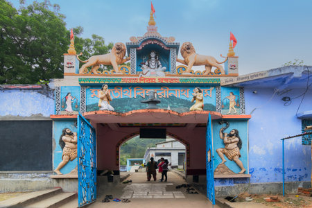 Biharinath temple with blue sky in the background, Bankura - West Bengal, India. Biharinath is the tallest hill of Bankura District, in the Indian state of West Bengal. Temple is at the top of the hill.のeditorial素材