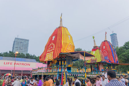 KOLKATA, WEST BENGAL , INDIA - JULY 2ND 2017 : Rath (chariot) of God Jagannath, Balaram and Goddess Suvadra at Kolkata Maidan area . Iskcon rath jatra festival.のeditorial素材