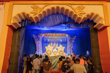 KOLKATA, WEST BENGAL , INDIA - JULY 2ND 2017 : Decorated Rath (chariot) of God Jagannath, Balaram and Goddess Suvadra as Hindu ritual. Iskcon rath jatra festival.のeditorial素材