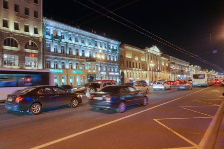 ST. PETERSBUG, RUSSIA - APRIL 28TH 2018 : Night image of street of St. Petersburg , Russia's beautiful cultural capital city, It was known as Petrograd, Leningrad earlier. A tourist attraction.のeditorial素材