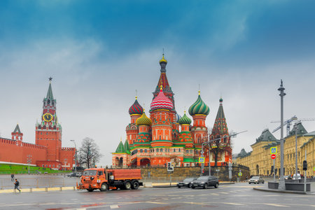 MOSCOW, RUSSIA - 26TH APRIL 2018 : View of Moscow Red Square Kremlin towers. Moscow architecture, Russia. It is world famous tourist spot - Saint Basil's cathedral in background.のeditorial素材