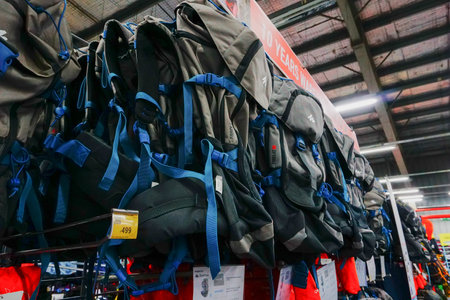 ULUBERIA, HOWRAH, WEST BENGAL / INDIA - 18TH MARCH 2018 : Colorful sports bags are on display at Dechathlon S.A. store , world's largest sporting goods retailer. Editorial stock image.のeditorial素材