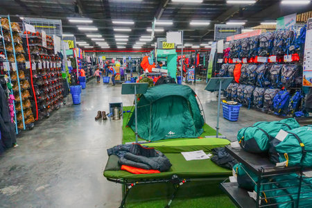 ULUBERIA, HOWRAH, WEST BENGAL / INDIA - 18TH MARCH 2018 : Colorful tents are on display at Dechathlon S.A. store , world's largest sporting goods retailer. Editorial stock image.のeditorial素材