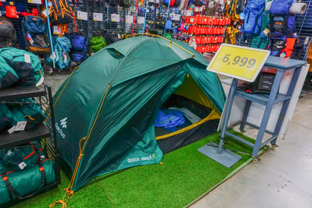 ULUBERIA, HOWRAH, WEST BENGAL / INDIA - 18TH MARCH 2018 : Colorful tents are on display at Dechathlon S.A. store , world's largest sporting goods retailer. Editorial stock image.のeditorial素材