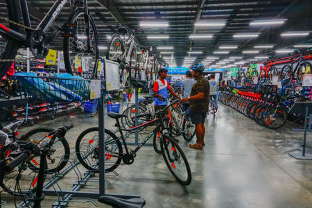 ULUBERIA, HOWRAH, WEST BENGAL / INDIA - 18TH MARCH 2018 : Sports cycles are on display at Dechathlon S.A. - world's largest sporting goods retailer. Clerance sale - editorial stock image.のeditorial素材