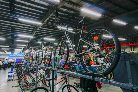 ULUBERIA, HOWRAH, WEST BENGAL / INDIA - 18TH MARCH 2018 : Sports cycles are on display at Dechathlon S.A. - world's largest sporting goods retailer. Clerance sale - editorial stock image.のeditorial素材