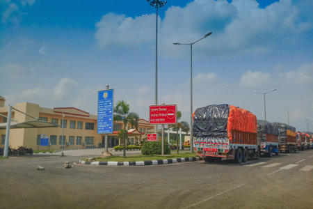 PETRAPOLE, WEST BENGAL , INDIA - JUNE 2ND 2018 : Indian side of international border between India and Bangladesh . Benapole is Bangladesh side. Bi lateral trade gateway between two countries.のeditorial素材