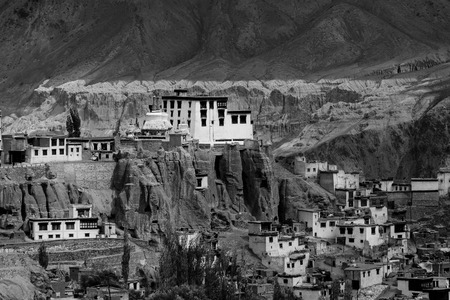 Lamayuru monastery with view of moonland in background,Ladakh,Jammu and Kashmir, India. Black and white image.の写真素材