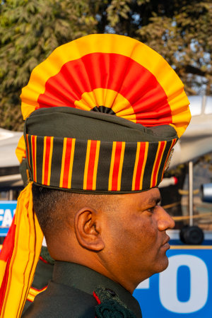 RED ROAD, KOLKATA, WEST BENGAL / INDIA - 23RD JANUARY 2018 : Indian armed force Officer with colourful hat during march past, preparing for show for India's republic day celebarion on 26.01.2018.のeditorial素材
