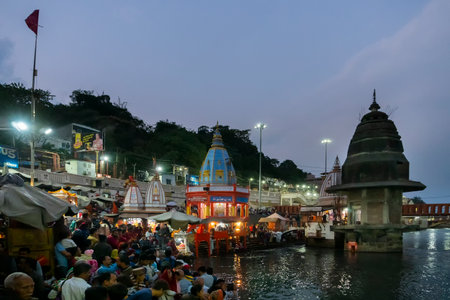 HAR KI PAURI GHAT, HARIDWAR, UTTARAKHAND, INDIA - NOVEMBER 3 2018 : Famous Ganga Aaarti on the...