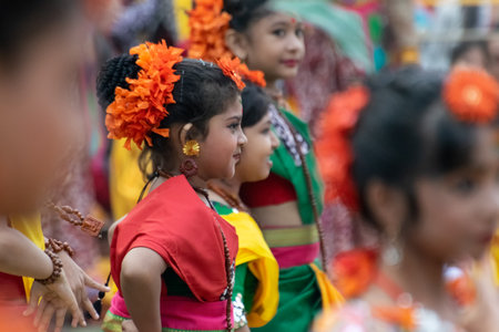 KOLKATA , INDIA - MARCH 1,2018 : Girl child dancers performing at Holi -Spring festival, known as...