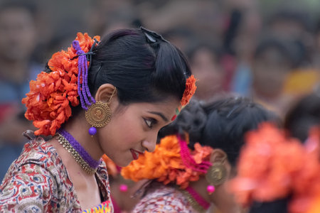 KOLKATA , INDIA - MARCH 1, 2018: Expression of girl dancer, dressed in traditional Indian sari and...