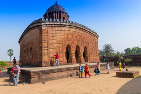 BISHNUPUR, WEST BENGAL / INDIA - DECEMBER 26, 2015 : Famous terracotta (fired clay of a brownish-red colour, used as ornamental building material) artworks at Madanmohan Temple, UNESCO heritage site.のeditorial素材