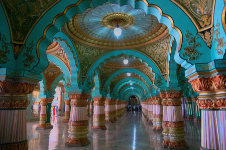 Mysore, Karnataka, India - November 25th 2018 : Beautiful decoated interior ceiling and pillars of...