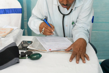 Howrah, West Bengal, India - 25th February 2018 : Indian male dotor writing prescription for patient.のeditorial素材