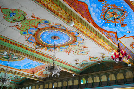 Mysore, Karnataka, India - November 25th 2018 : Beautiful decorated interior ceiling of the Durbar or audience hall inside the royal Mysore Palace. A very famous tourist attraction.のeditorial素材