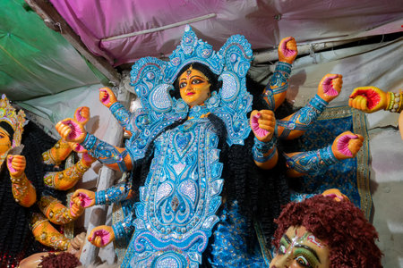 Kolkata, West Bengal, India - 7th October 2018 : Clay idol of Goddess Durga, under preparation forのeditorial素材