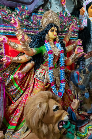 Kolkata, West Bengal, India - 7th October 2018 : Clay idol of Goddess Durga, under preparation for